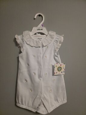 Little Me White Eyelet Collar Daisy Embroidered Romper